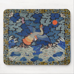 Alfombrilla De Ratón Patrón de grulla china vintage: azul imperial