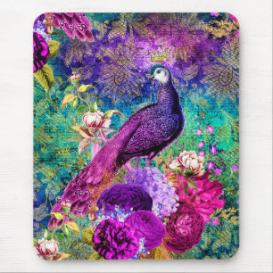 Alfombrilla De Ratón Patrón de Grunge de Pavo Real Ilustrado Vintage