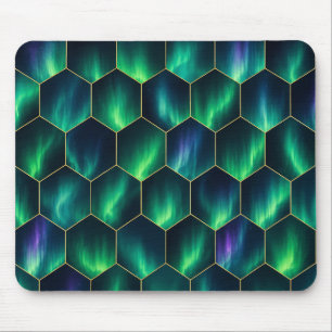 Alfombrilla De Ratón Patrón de hexágono de Aurora Boreal Verde