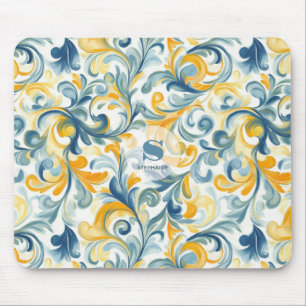 Alfombrilla De Ratón Patrón de hoja azul y paisley dorada