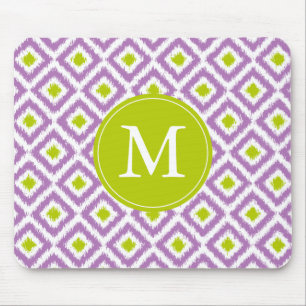 Alfombrilla De Ratón Patrón de ikat morado y verde monogramado