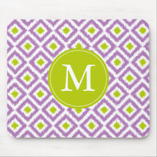 Alfombrilla De Ratón Patrón de ikat morado y verde monogramado