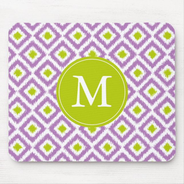 Alfombrilla De Ratón Patrón de ikat morado y verde monogramado (Frente)