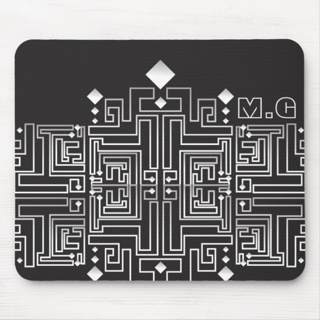 Alfombrilla De Ratón Patrón de laberinto negro y blanco monogramado (Frente)