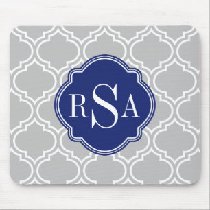Alfombrilla De Ratón Patrón de latencia de mosaico gris Monograma azul