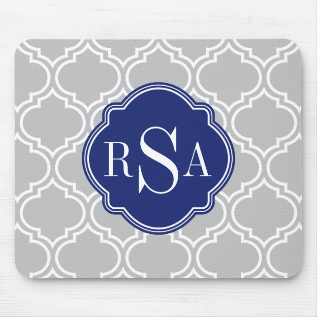Alfombrilla De Ratón Patrón de latencia de mosaico gris Monograma azul (Frente)