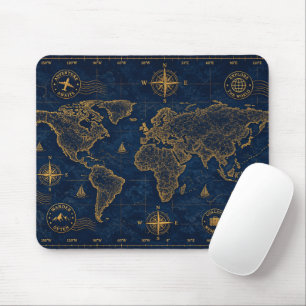 Alfombrilla De Ratón Patrón de mapa mundial vintage de lujo en azul mar