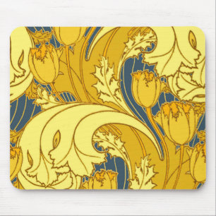 Alfombrilla De Ratón Patrón de oro azul tulipán negrita vintage