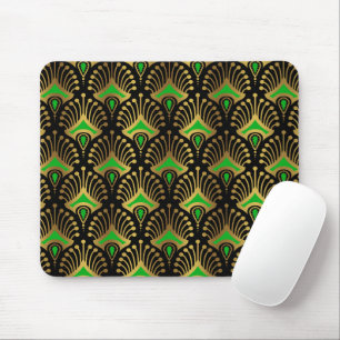 Alfombrilla De Ratón Patrón de oro y verde Art Deco sobre negro