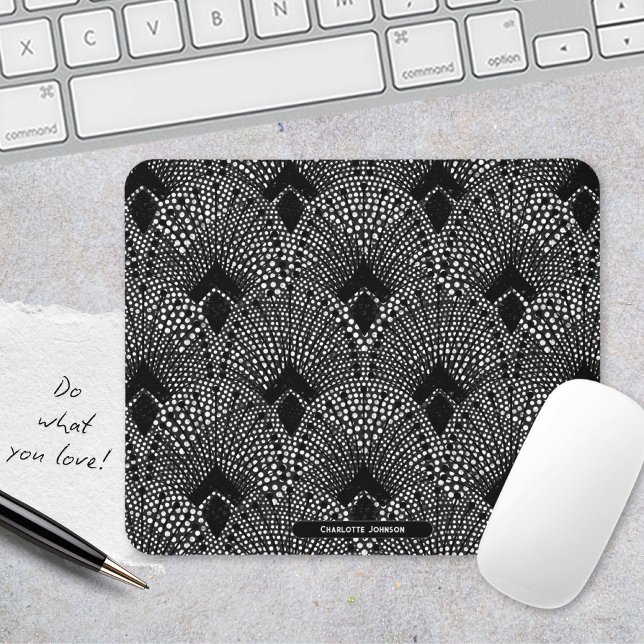 Alfombrilla De Ratón Patrón de pavo real retro antracita Art Deco (Art Deco Antrazite Black White Peacock Pattern Mouse Pad ©Susanne Sachers - Sunny Mind 🌞)