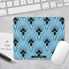 Alfombrilla De Ratón Patrón de pavo real retro negro azul Art Deco