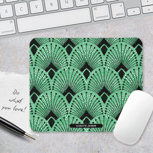 Alfombrilla De Ratón Patrón de pavo real retro negro verde Art Deco