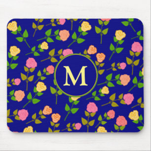 Alfombrilla De Ratón Patrón de rosa azul bonito monograma