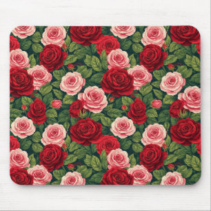 Alfombrilla De Ratón Patrón de rosa vibrante con rosas rojas y rosadas