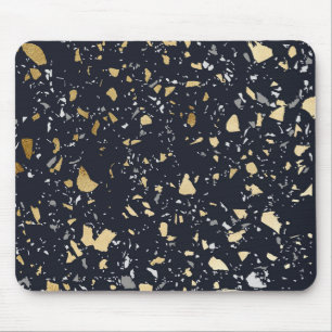 Alfombrilla De Ratón Patrón de Terrazzo Azul Marino y Dorado Abstracto