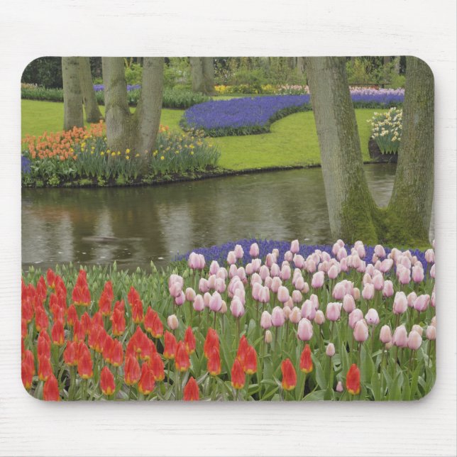 Alfombrilla De Ratón Patrón de tulipanes y flores de jacinto de uva, (Frente)