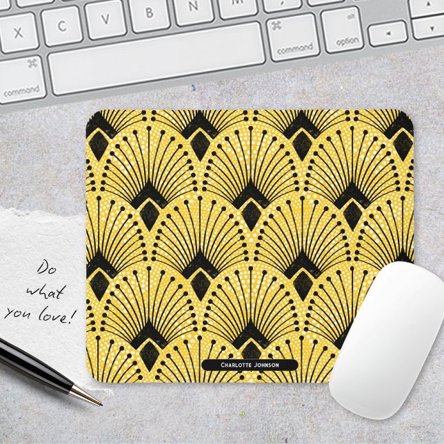 Alfombrilla De Ratón Patrón elegante Art Deco Amarillo Timeless Peacock (Stylish Art Deco Yellow Peacock Pattern Mouse Pad ©Susanne Sachers - Sunny Mind 🌞)