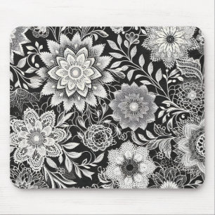 Alfombrilla De Ratón Patrón elegante de encaje floral blanco y negro
