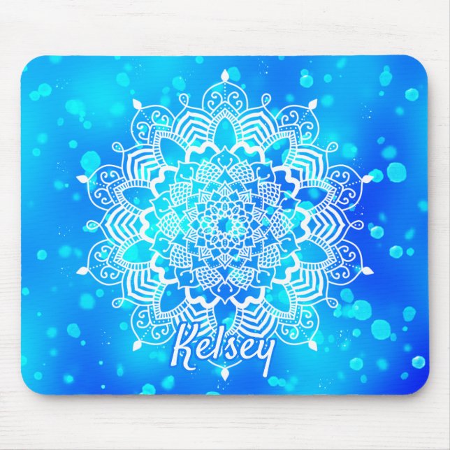 Alfombrilla De Ratón Patrón elegante de Mandala azul y blanco monograma (Frente)