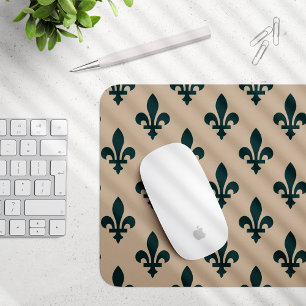 Alfombrilla De Ratón Patrón Fleur de Lis, verde francés real en crema