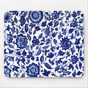 Alfombrilla De Ratón Patrón floral azul marino oscuro chino sobre blanc