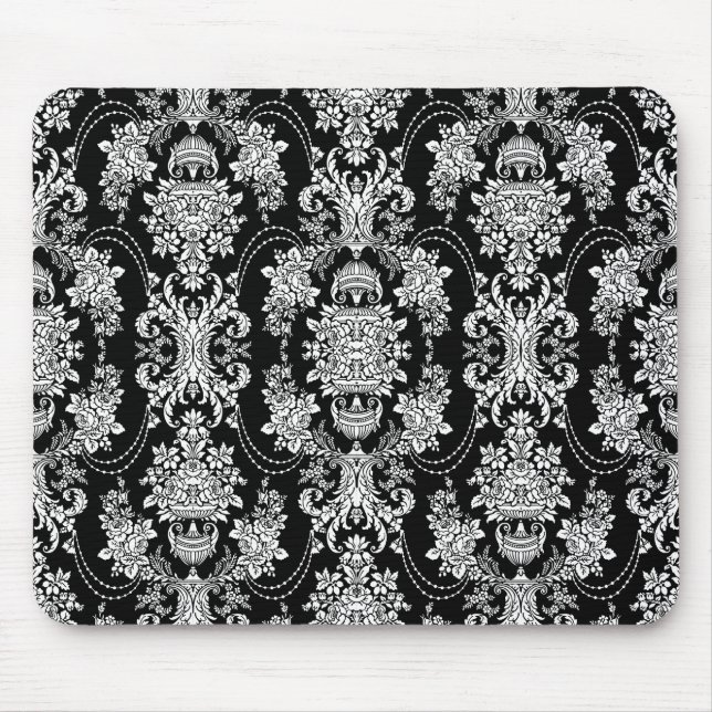 Alfombrilla De Ratón Patrón floral barroco blanco y negro (Frente)