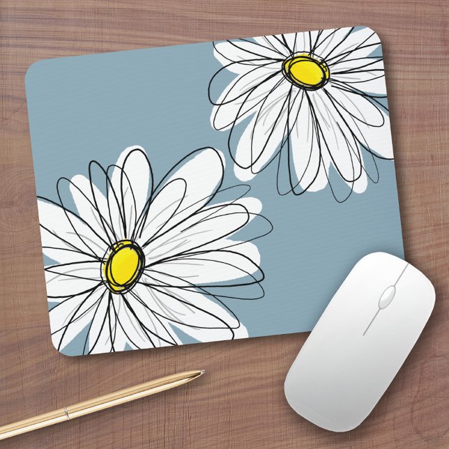Alfombrilla De Ratón Patrón floral caprichoso en azul gris amarillo (Personalized mousepad - Add Photos and Custom Text)