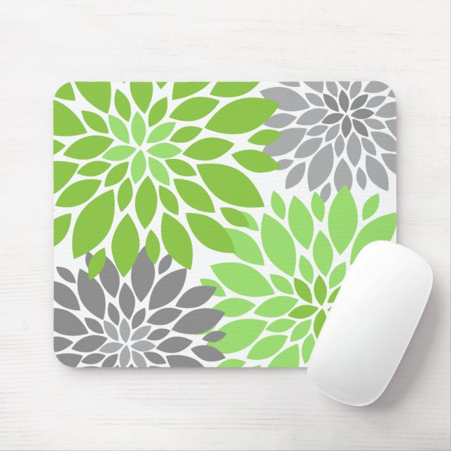 Alfombrilla De Ratón Patrón floral de crisantemas verdes y grises (Con ratón)
