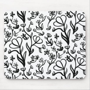 Alfombrilla De Ratón Patrón floral en blanco y negro