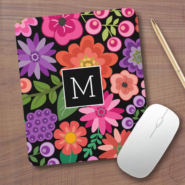 Alfombrilla De Ratón Patrón floral negro de moda con monograma Personal (Custom Mouse Pad - Add Monogram to this colorful floral design)