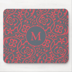 Alfombrilla De Ratón Patrón floral ornamentado en monograma rosa y gris