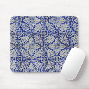 Alfombrilla De Ratón Patrón floral vintage azul y blanco mediterráneo