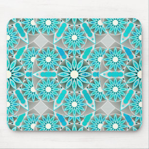 Alfombrilla De Ratón Patrón Mandala, turquesa, gris plateado y blanco