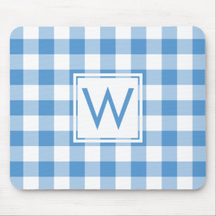 Alfombrilla De Ratón Patrón moderno de Gingham blanco y azul monograma
