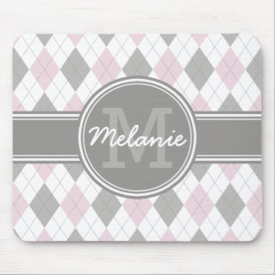 Alfombrilla De Ratón Patrón monogramado de arglos rosa y gris