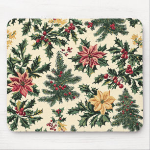 Alfombrilla De Ratón Patrón Navideño de Acebo Poinsettia Rojo Crema