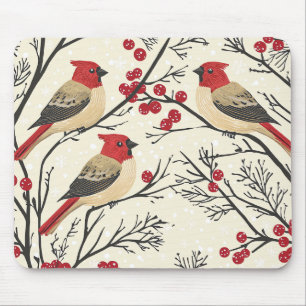 Alfombrilla De Ratón Patrón Rústico de Navidades de aves y poinsettia (