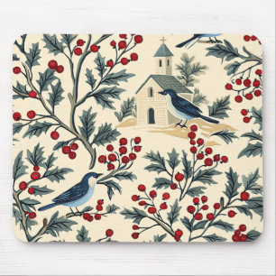 Alfombrilla De Ratón Patrón Rústico de Navidades de Pájaros y Poinsetti