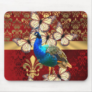 Alfombrilla De Ratón Pavo de pavo real y damasco rojo elegantes