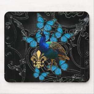 Alfombrilla De Ratón Pavo real elegante y mariposas azules en negro
