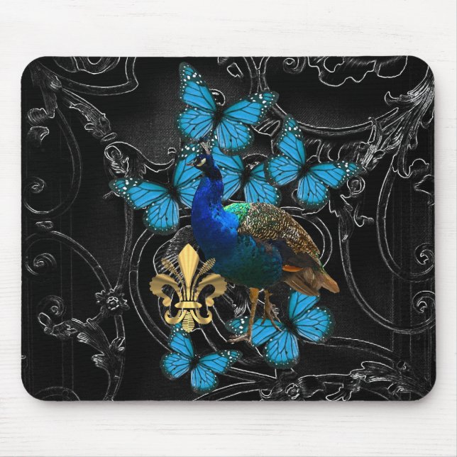 Alfombrilla De Ratón Pavo real elegante y mariposas azules en negro (Frente)