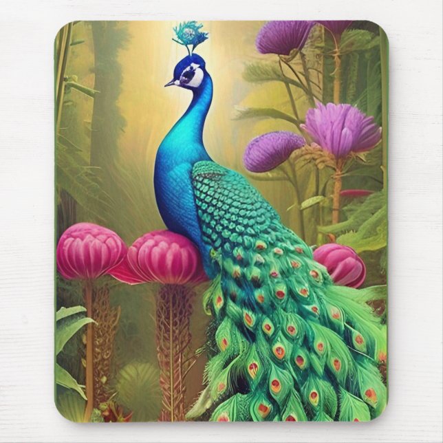 Alfombrilla De Ratón Pavo real en bosque de jardines rosados (Frente)