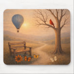 Alfombrilla De Ratón Peaceful Sunset Bench Cardinal Balloon Landscape M<br><div class="desc">Create a calm and reflective workspace with this serene mouse pad featuring a quiet countryside scene at sunset. A wooden bench rests beside a winding path, while a red cardinal perches on a bare tree and butterflies drift through the warm golden light. In the distance, a hot air balloon floats...</div>