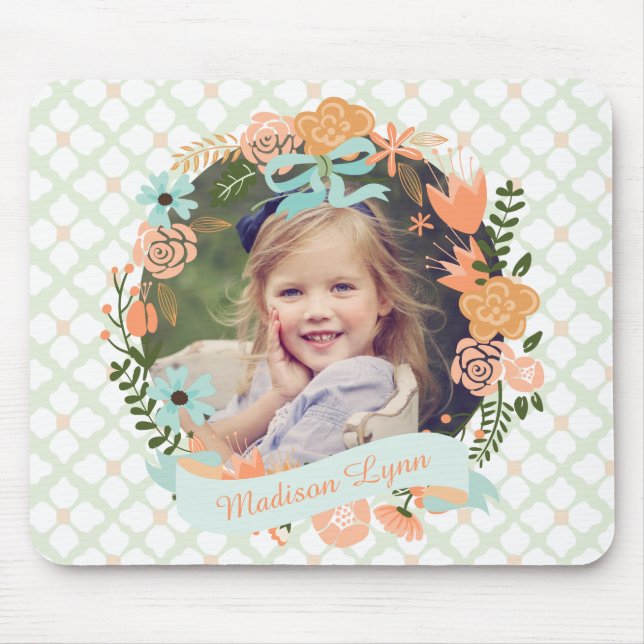 Alfombrilla De Ratón Peach Mint Girly Floral Wreath Photo Personalizado (Frente)