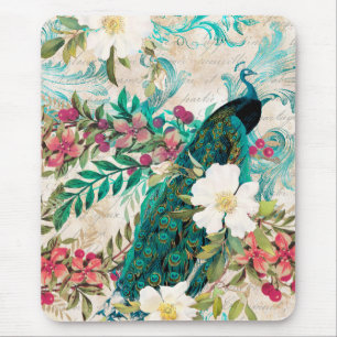 Alfombrilla De Ratón Peacock y Flores Ilustrados Antiguos Grunge