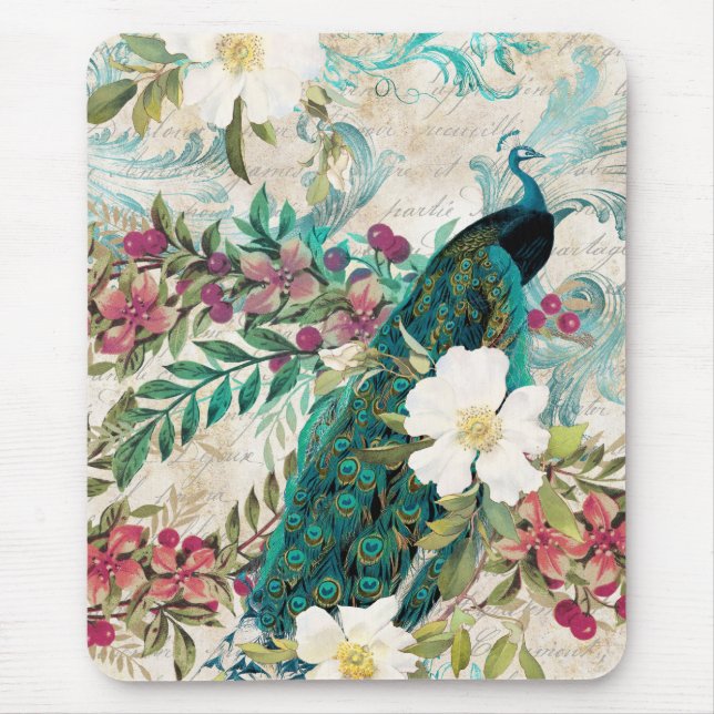 Alfombrilla De Ratón Peacock y Flores Ilustrados Antiguos Grunge (Frente)