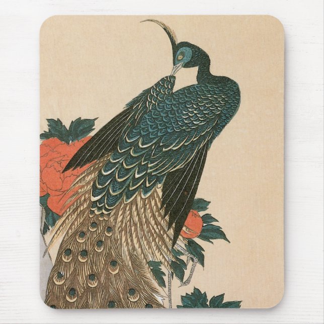 Alfombrilla De Ratón Peacock y peonías de Hiroshige, arte japonés (Frente)