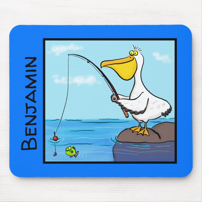Alfombrilla De Ratón Pelícano feliz con personalizado de palo de pesca (Frente)