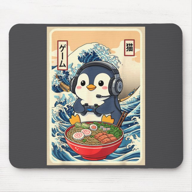 Alfombrilla De Ratón Penguin Kawaii Japanese Ramen Noodle Retro Gaming  (Frente)