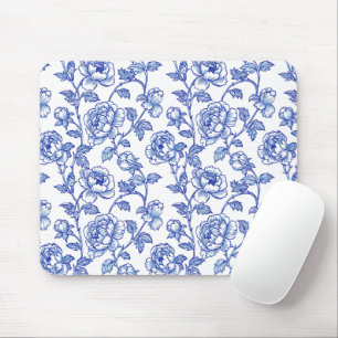 Alfombrilla De Ratón Peonía rosa de chinoiserie azul y blanco